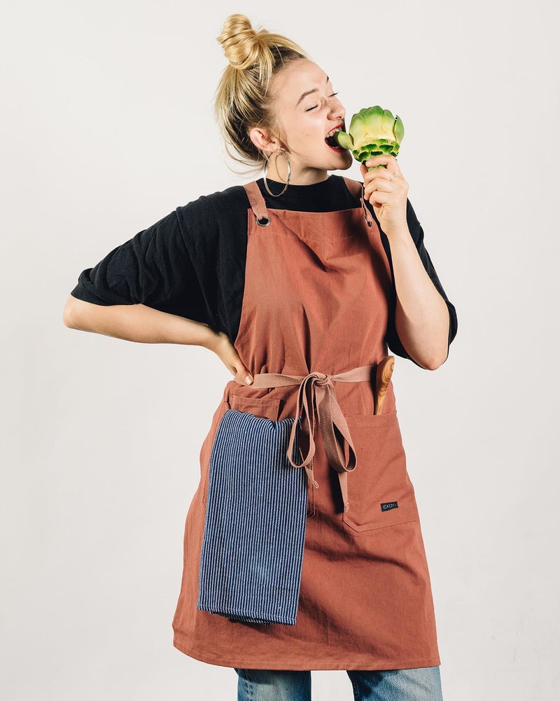 Caldo Crossback Kitchen Apron for Cooking - Mens and Womens Professional Chef or Server Bib Apron - Adjustable Crossback Style - Rustic- Midweight Cotton (Terracotta) - Image 2